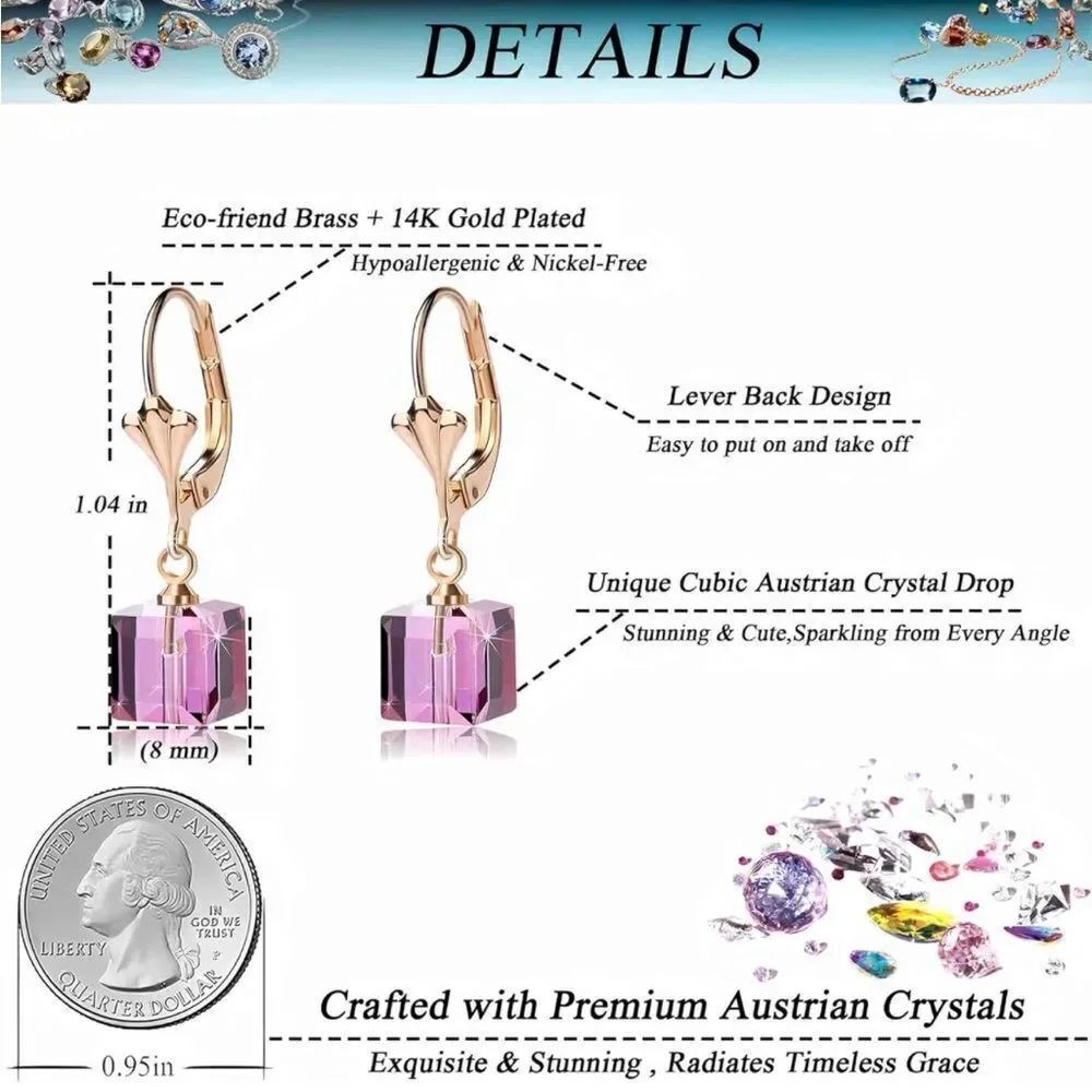 14K Yellow Gold with Purple Amethyst Austrian Crystal Cube Leverback Earrings